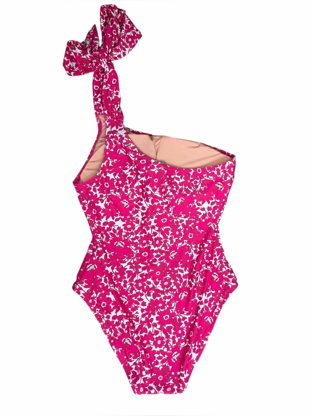 J. Crew One Shoulder One Piece Swimsuit Pink Floral Bow Size 10 Bathing Suit